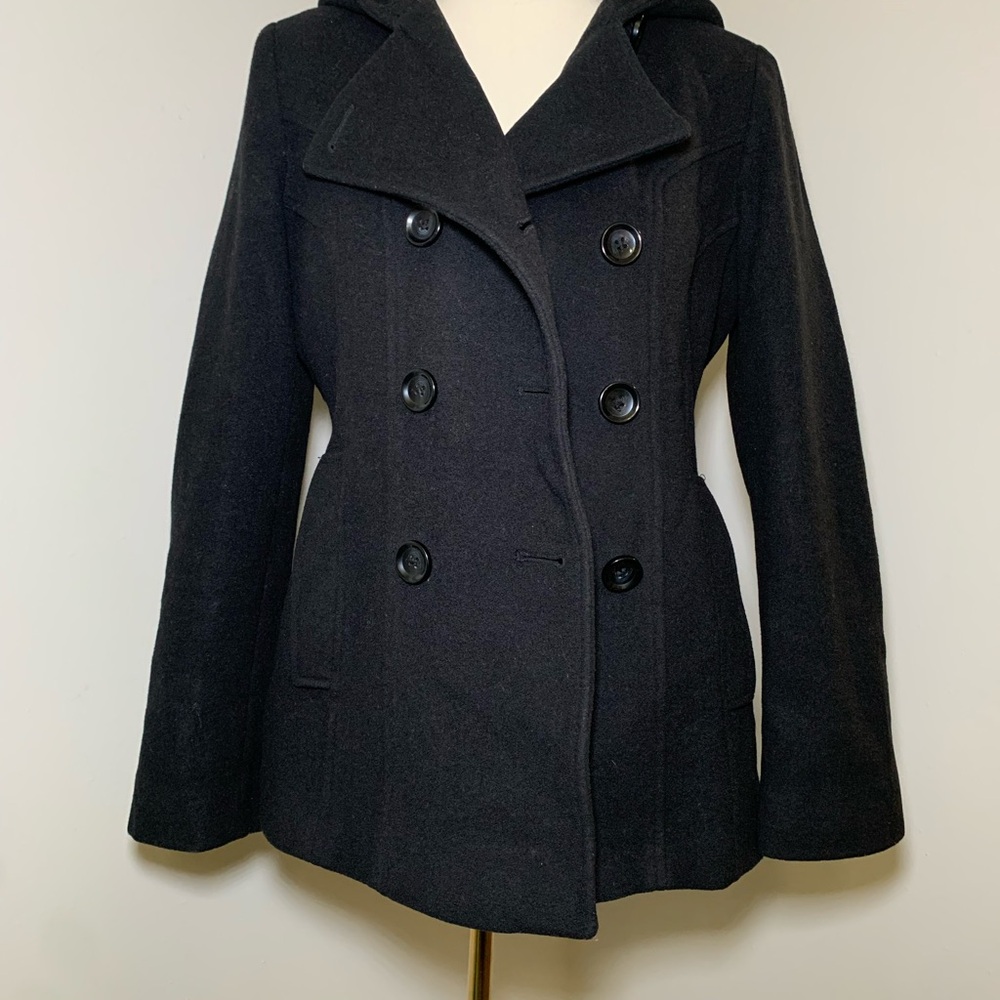 Classic Sleek Black Anne Klein Peacoat with attached Hood